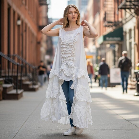 Magnolia Pearl High Low Ivory Cotton Ruffled Top - Picture 1 of 9